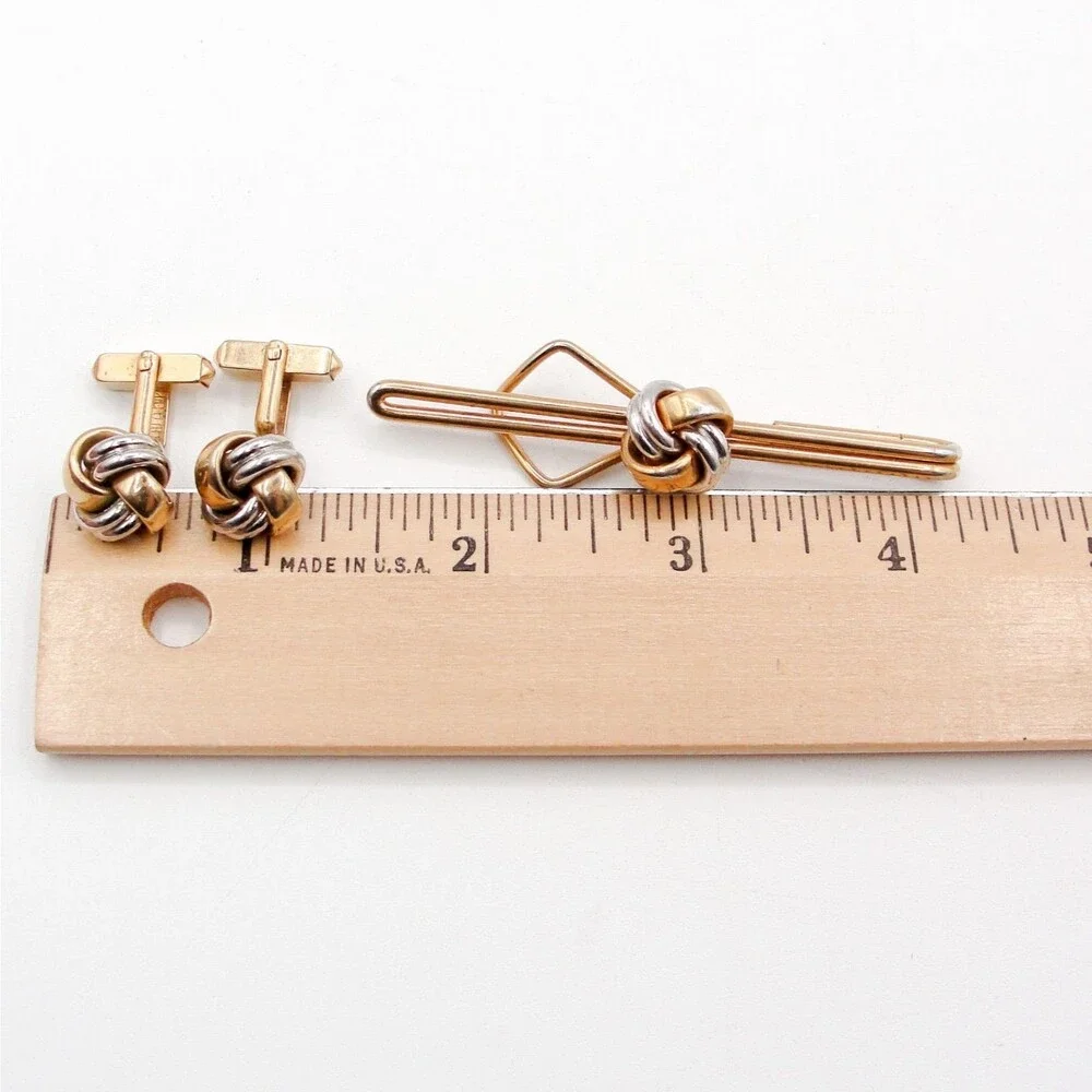 Vintage Swank Two Tone Gold Silver Love Knot Cufflinks Tie Clip Set Mens Jewelry
